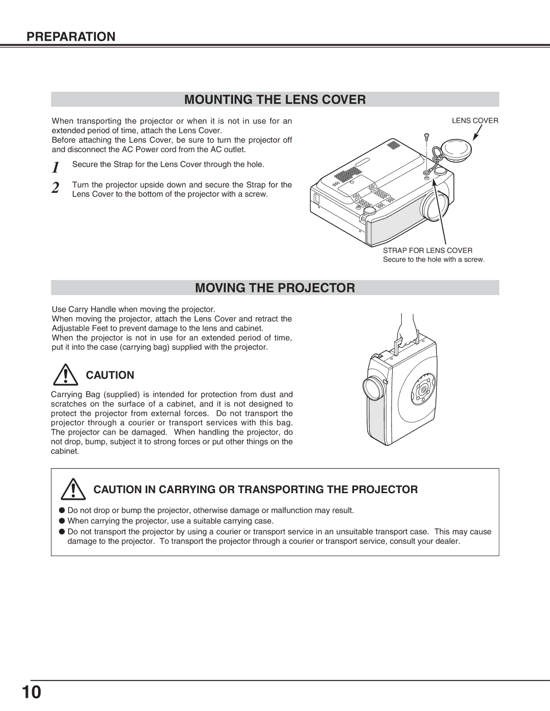 Canon LV-5200 owner manual Preparation Mounting the Lens Cover, Moving the Projector 