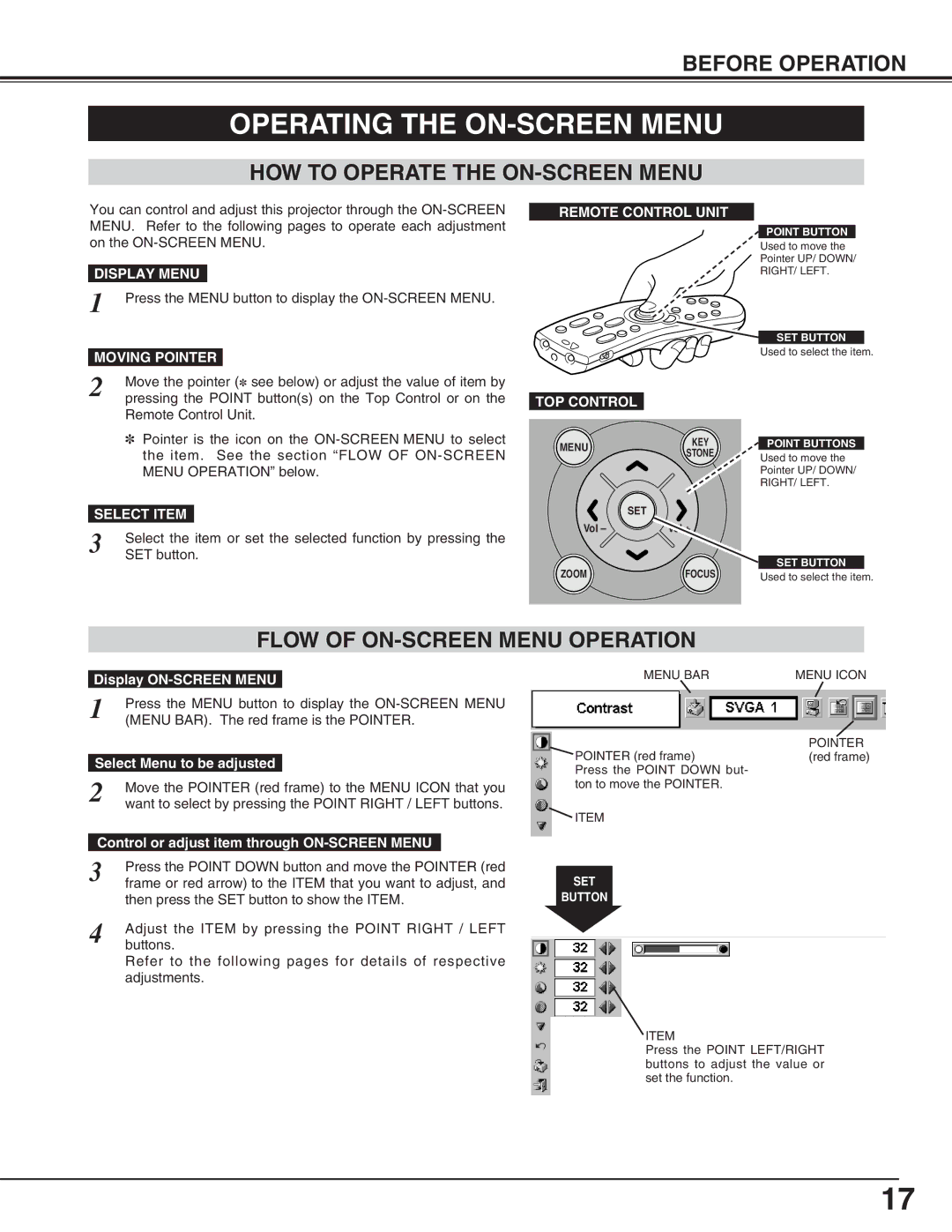 Canon LV-5200 Operating the ON-SCREEN Menu, HOW to Operate the ON-SCREEN Menu, Flow of ON-SCREEN Menu Operation 