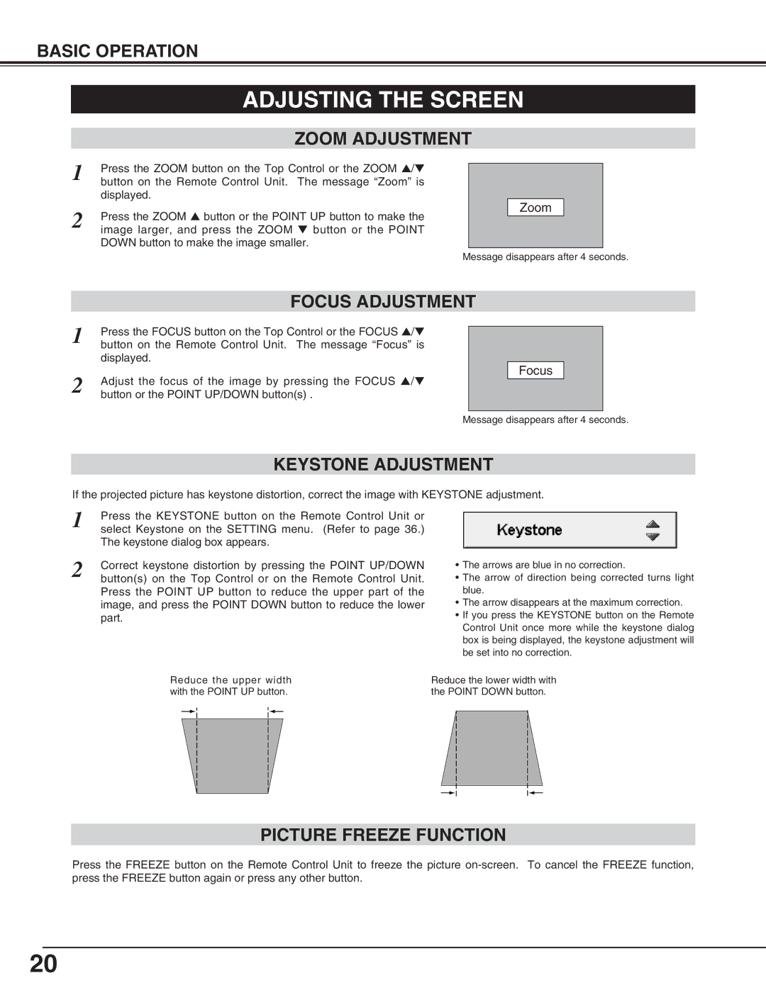 Canon LV-5200 Adjusting the Screen, Zoom Adjustment, Focus Adjustment, Keystone Adjustment, Picture Freeze Function 