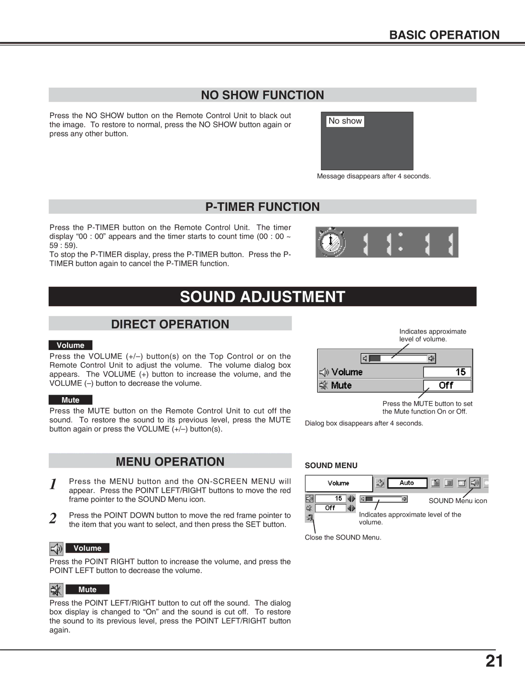 Canon LV-5200 Sound Adjustment, Basic Operation No Show Function, Timer Function, Direct Operation, Menu Operation 