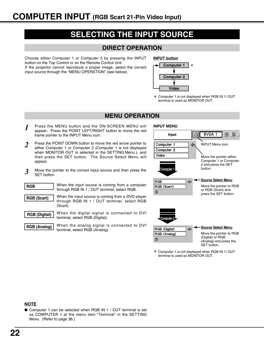 Canon LV-5200 owner manual Selecting the Input Source, Rgb, RGB Scart RGB Digital RGB Analog, Input Menu, Computer 