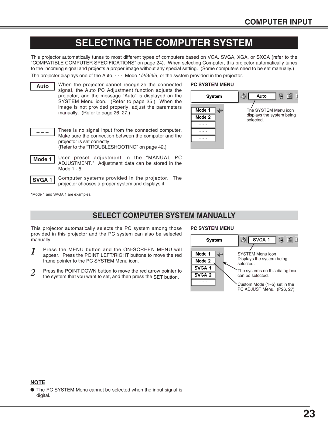 Canon LV-5200 owner manual Selecting the Computer System, Computer Input, Select Computer System Manually, Svga 