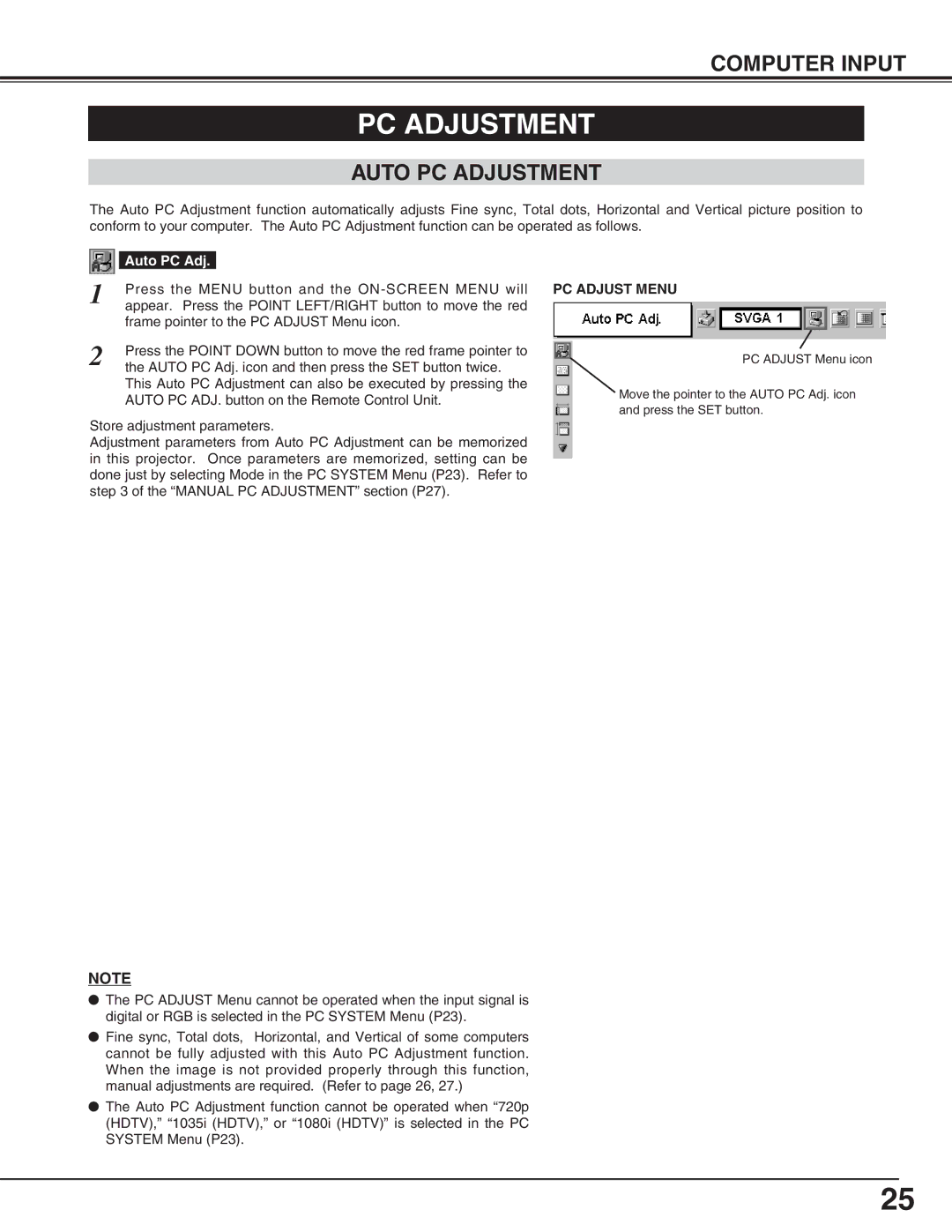 Canon LV-5200 owner manual Auto PC Adjustment, PC Adjust Menu 