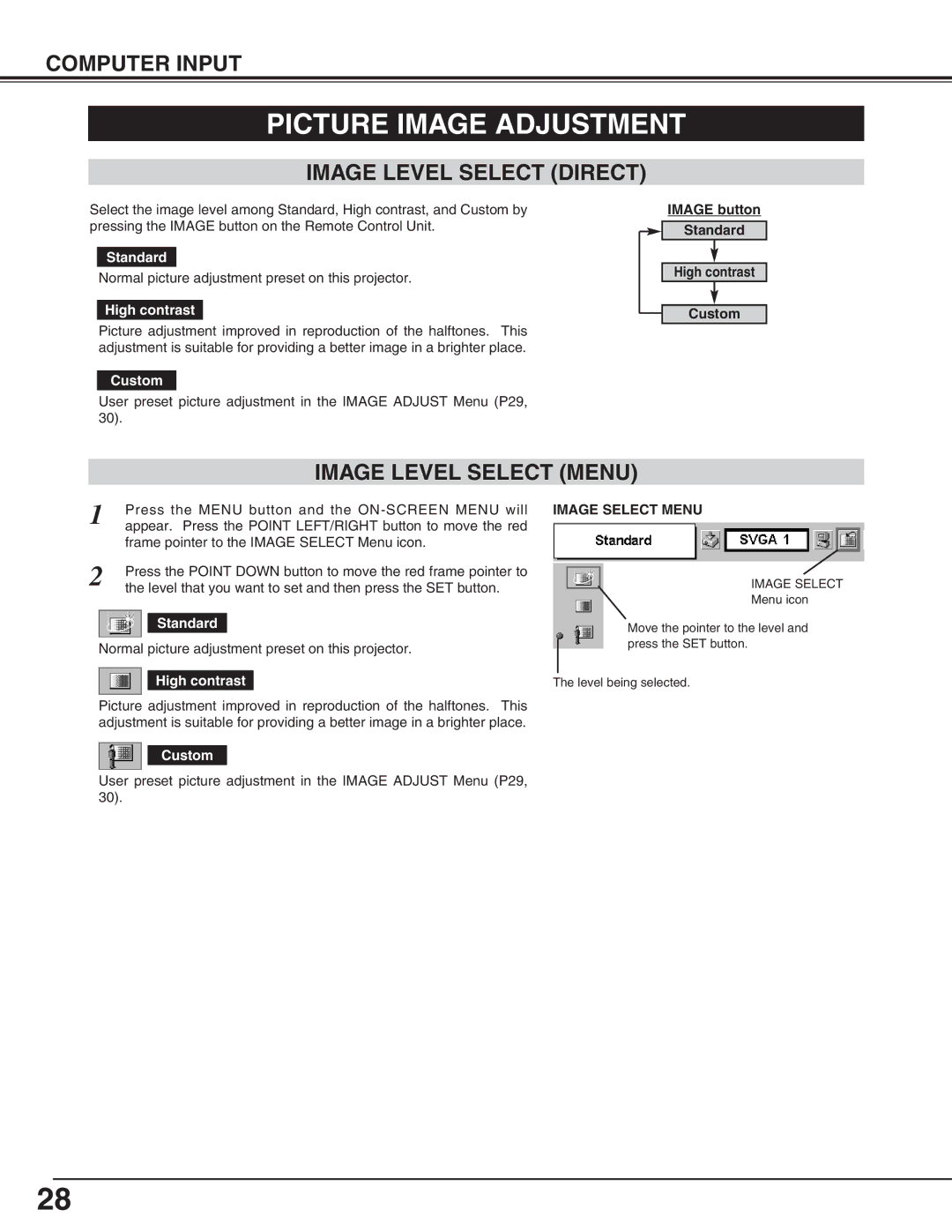 Canon LV-5200 owner manual Picture Image Adjustment, Image Level Select Direct, Image Level Select Menu, Image Select Menu 