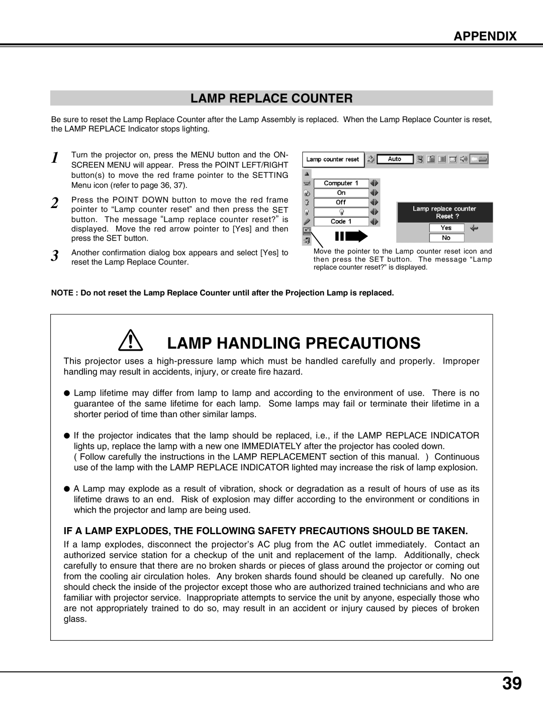 Canon LV-5200 owner manual Lamp Handling Precautions, Appendix Lamp Replace Counter 