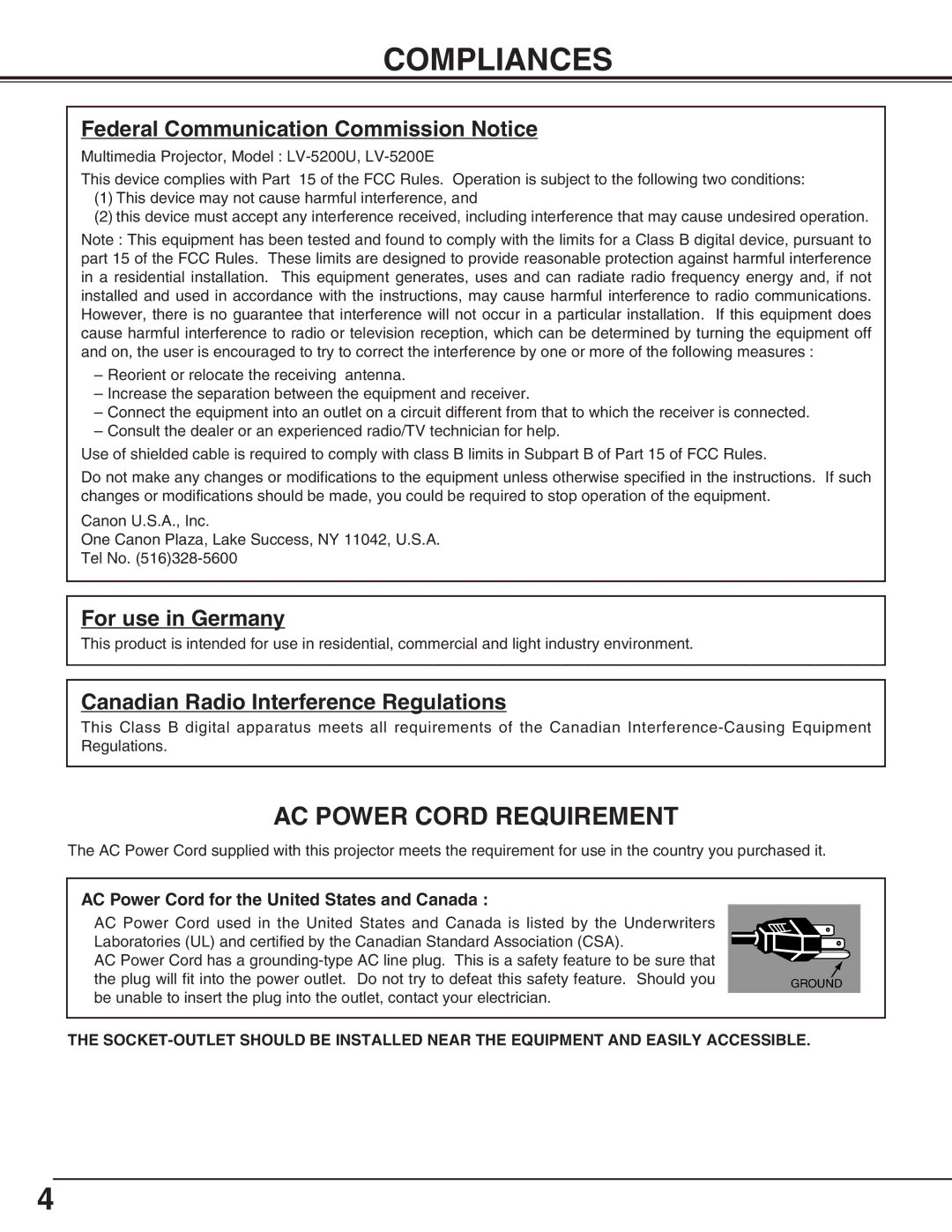 Canon LV-5200 owner manual Compliances, Federal Communication Commission Notice 