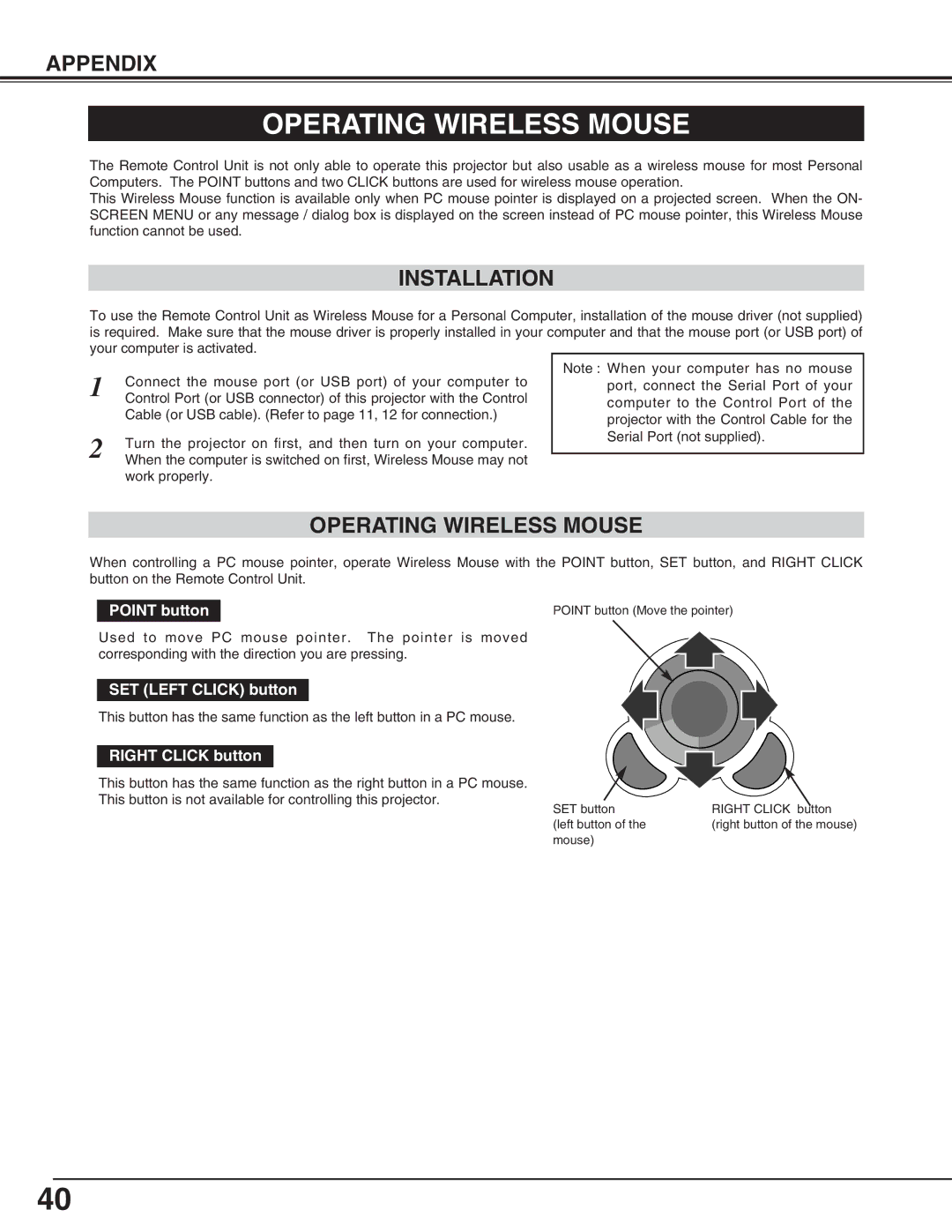 Canon LV-5200 owner manual Operating Wireless Mouse, Installation 