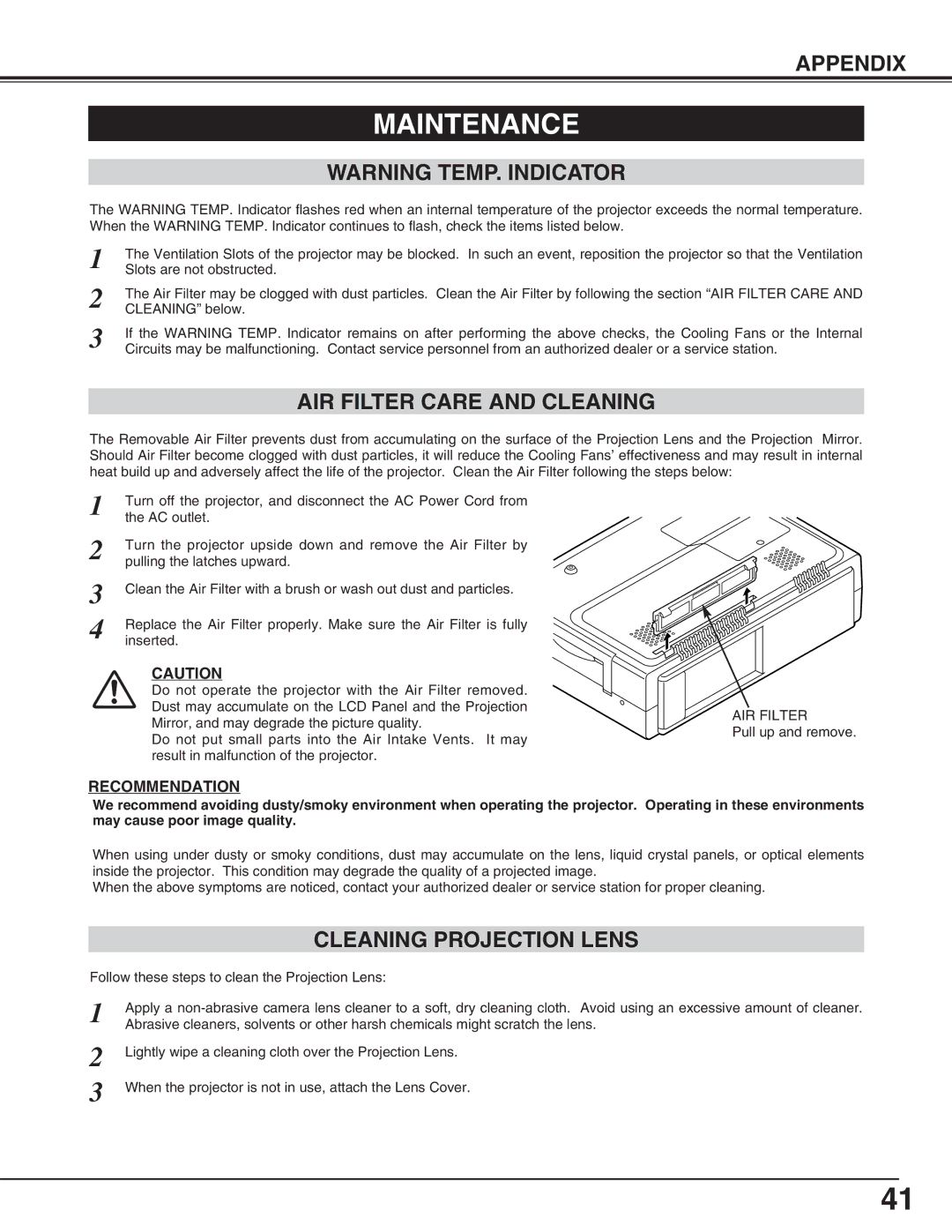 Canon LV-5200 owner manual Maintenance, AIR Filter Care and Cleaning, Cleaning Projection Lens, Recommendation 