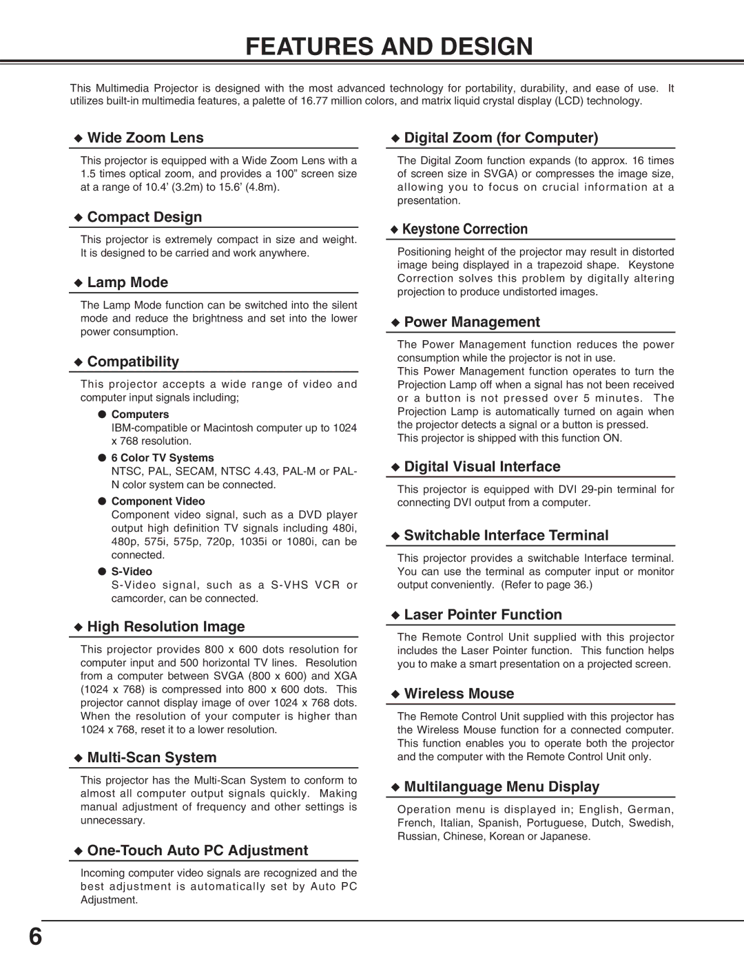 Canon LV-5200 owner manual Features and Design, Computers, Color TV Systems, Component Video 