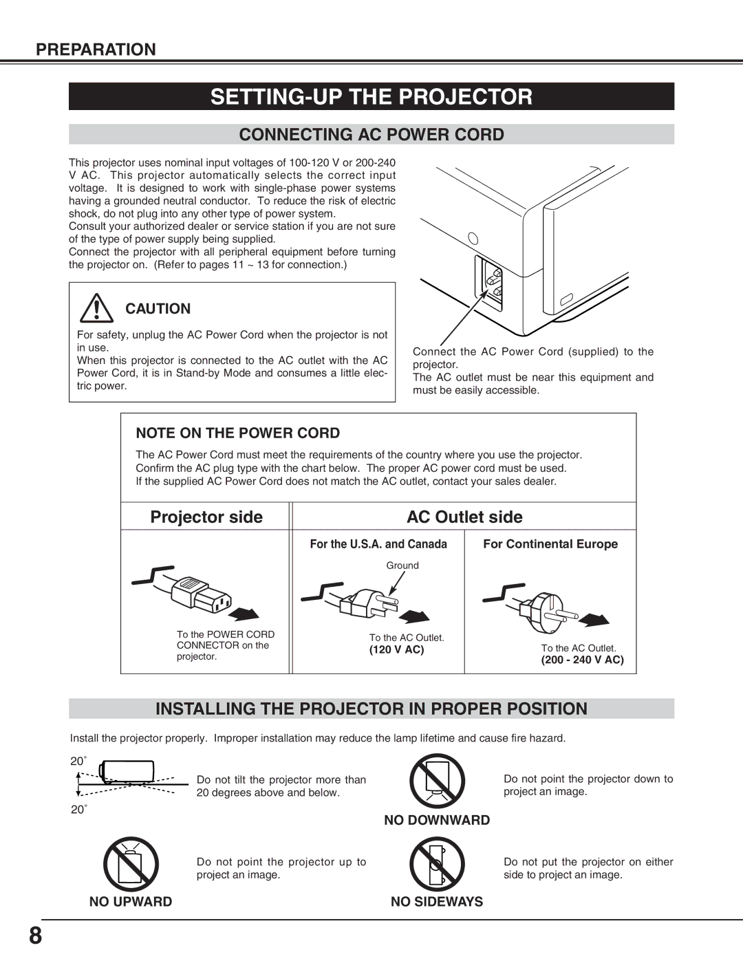 Canon LV-5200 owner manual SETTING-UP the Projector, Connecting AC Power Cord, Installing the Projector in Proper Position 