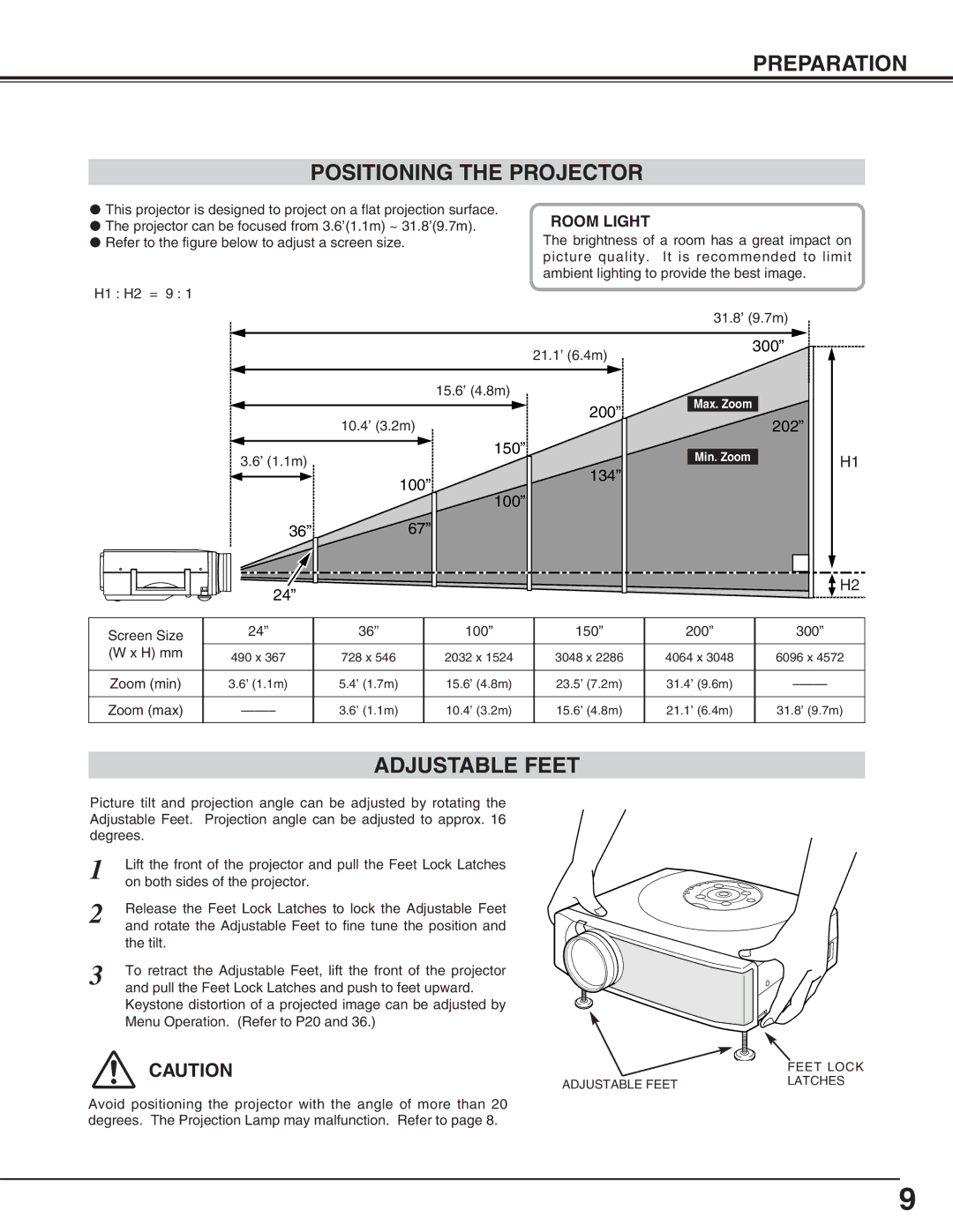 Canon LV-5200 owner manual Preparation Positioning the Projector, Adjustable Feet, Room Light 