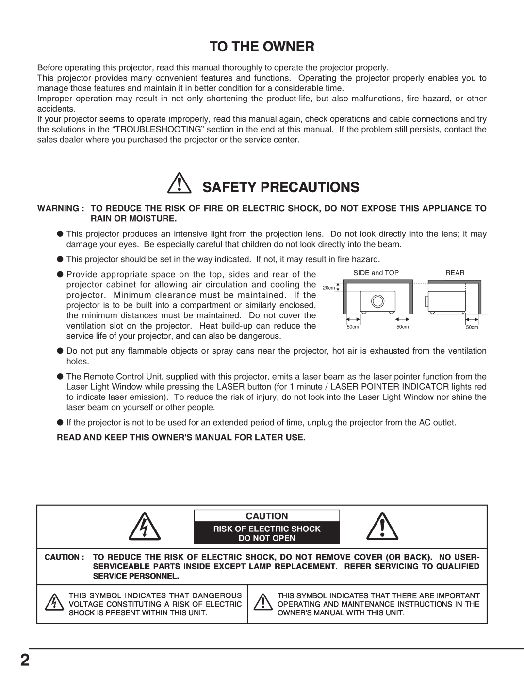 Canon LV-5200 owner manual To The Owner, Safety Precautions, Risk Of Electric Shock Do Not Open 