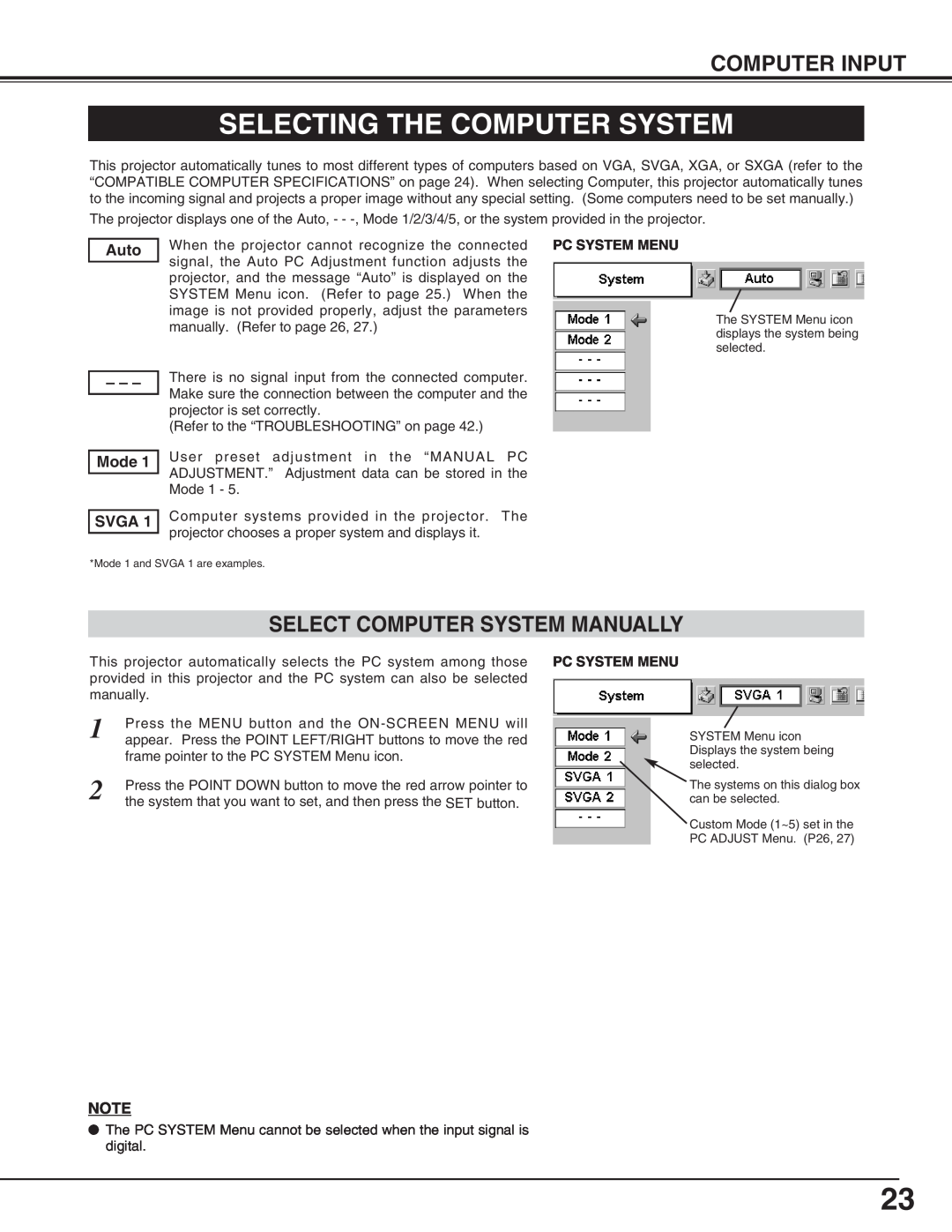 Canon LV-5200 owner manual Selecting The Computer System, Computer Input, Select Computer System Manually 