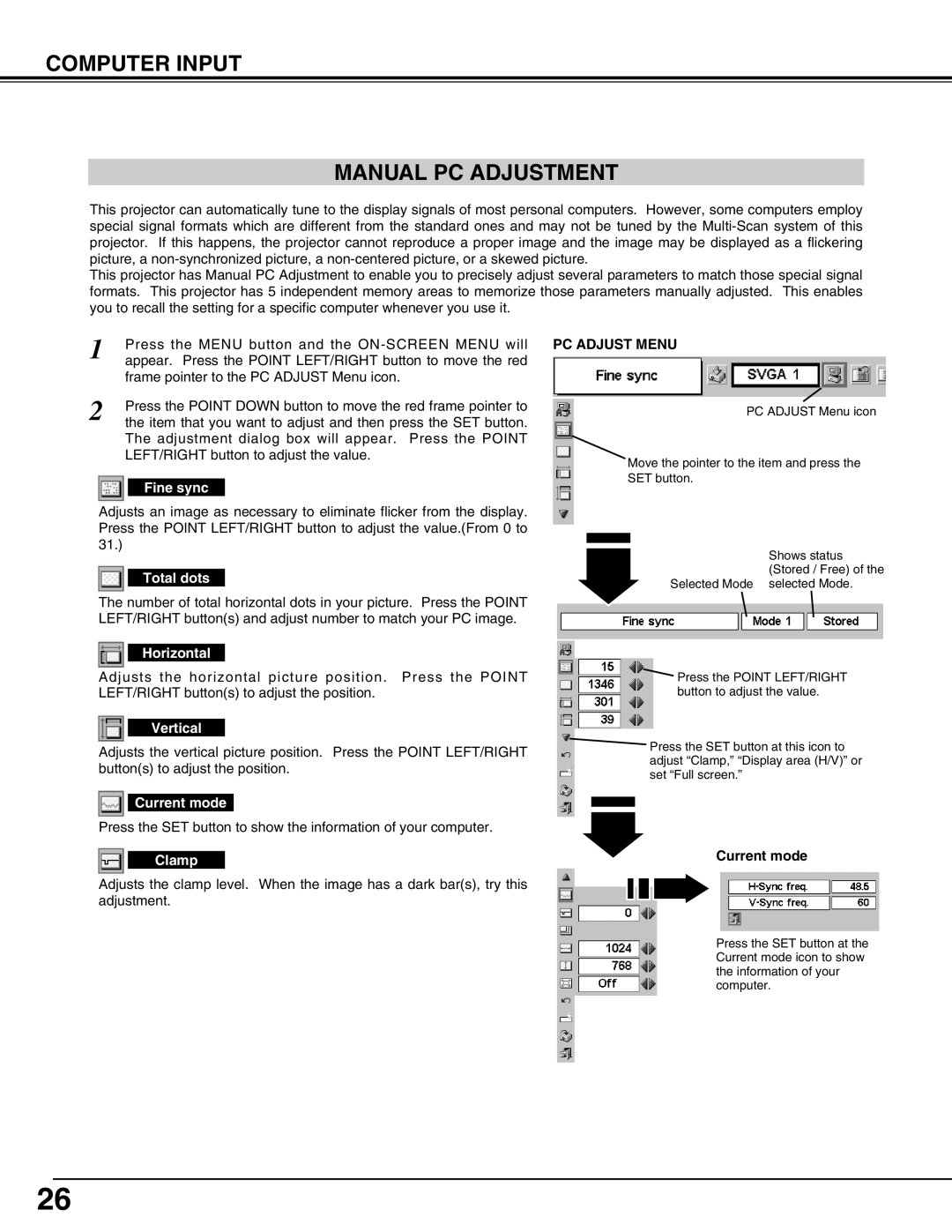 Canon LV-5200 Computer Input Manual Pc Adjustment, Fine sync, Total dots, Horizontal, Vertical, Current mode, Clamp 