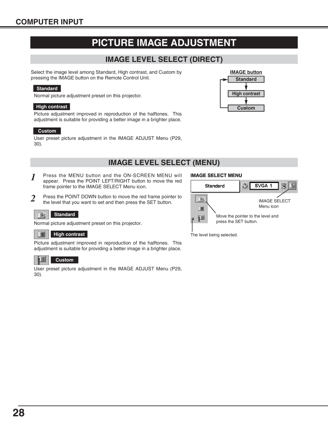Canon LV-5200 owner manual Picture Image Adjustment, Image Level Select Direct, Image Level Select Menu, Computer Input 