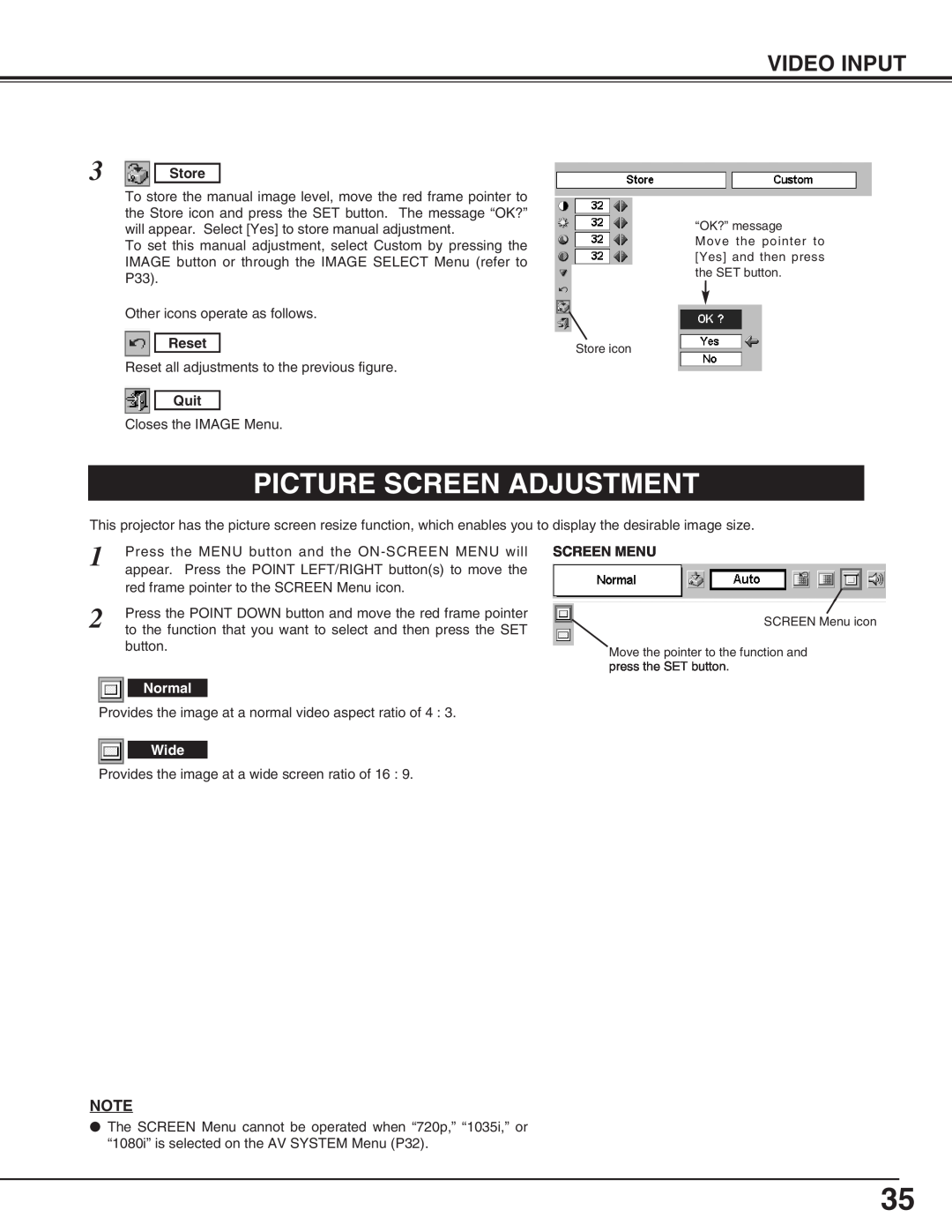 Canon LV-5200 owner manual Picture Screen Adjustment, Video Input, Store, Reset, Quit, Screen Menu 