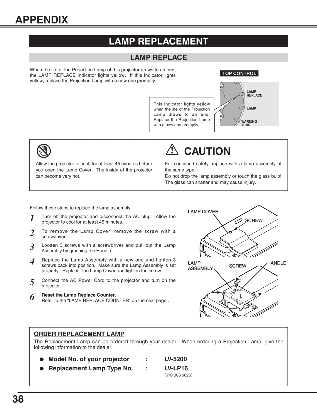 Canon LV-5200 owner manual Appendix, Lamp Replacement, Reset the Lamp Replace Counter 