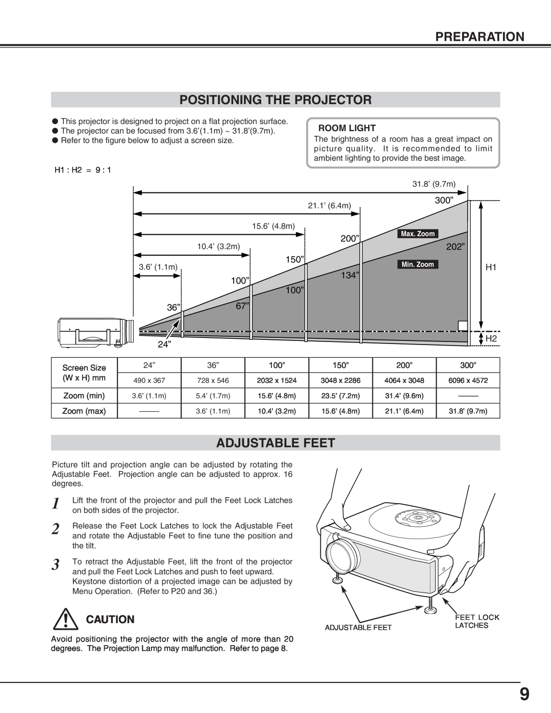 Canon LV-5200 owner manual Preparation Positioning The Projector, Adjustable Feet, Room Light 