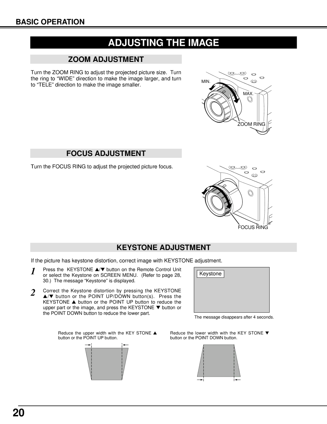 Canon LV-7105 owner manual Adjusting the Image, Zoom Adjustment, Focus Adjustment, Keystone Adjustment 