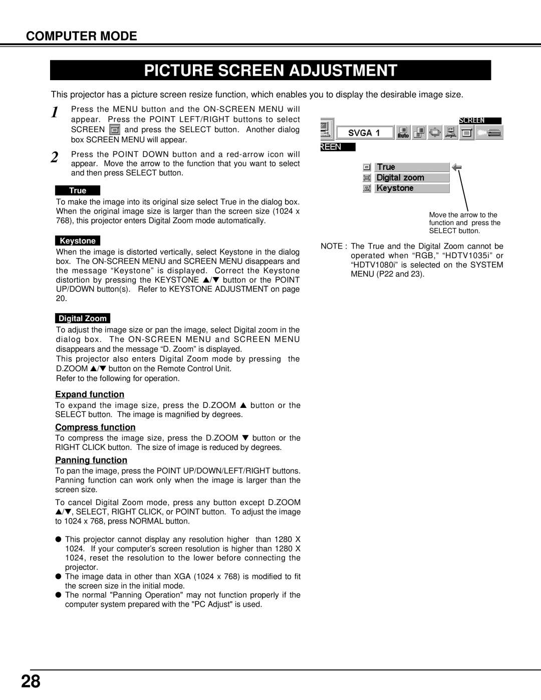 Canon LV-7105 owner manual Picture Screen Adjustment, Expand function, Compress function, Panning function 