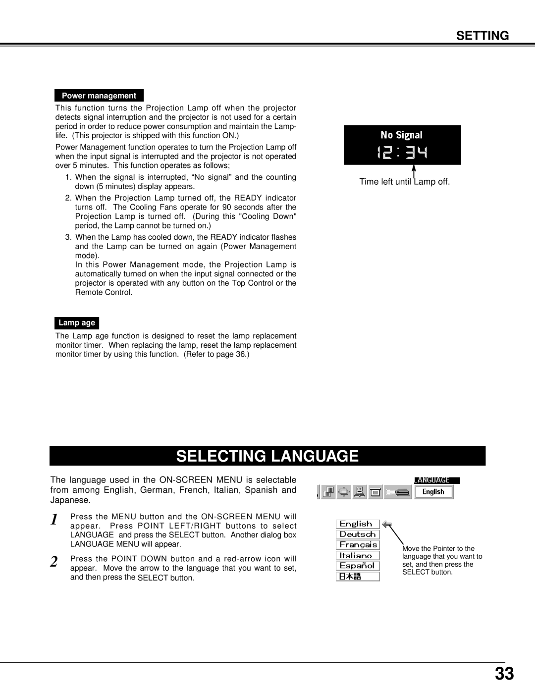 Canon LV-7105 owner manual Selecting Language, Power management, Lamp age 