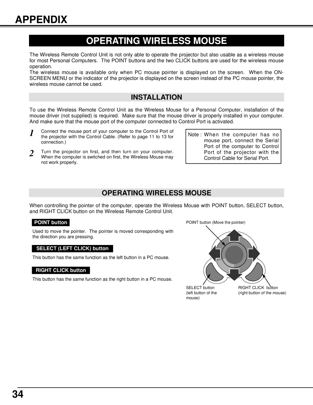 Canon LV-7105 owner manual Appendix, Operating Wireless Mouse, Installation 