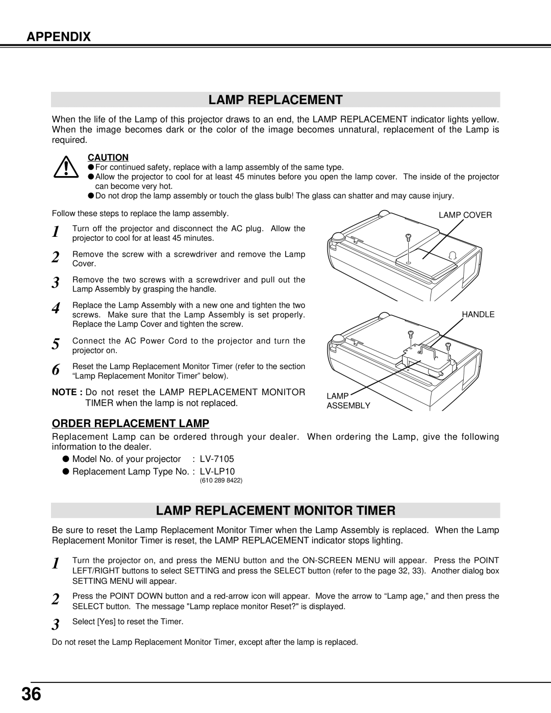 Canon LV-7105 owner manual Appendix Lamp Replacement, Lamp Replacement Monitor Timer, Lamp Assembly Lamp Cover Handle 