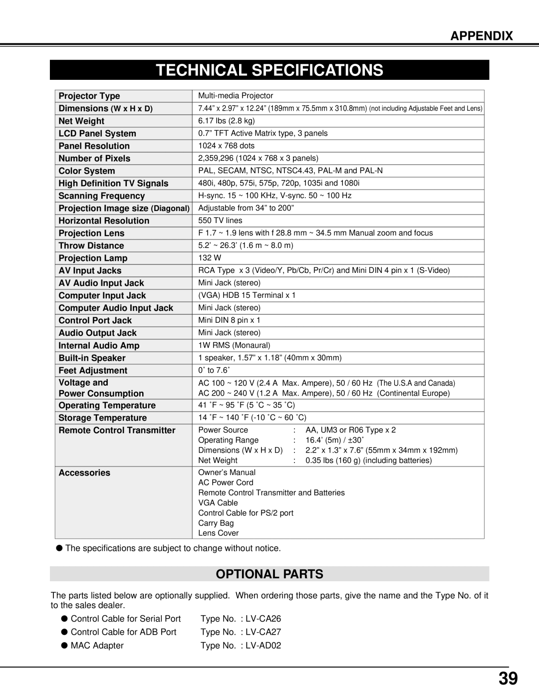 Canon LV-7105 owner manual Technical Specifications, Optional Parts 