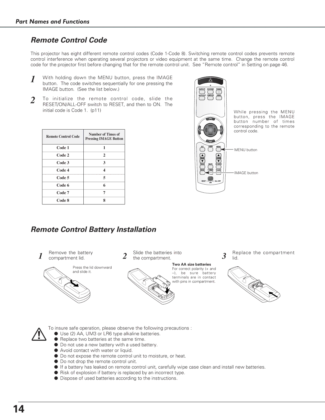 Canon LV-7220 Remote Control Code, Remote Control Battery Installation, With holding down the Menu button, press the Image 