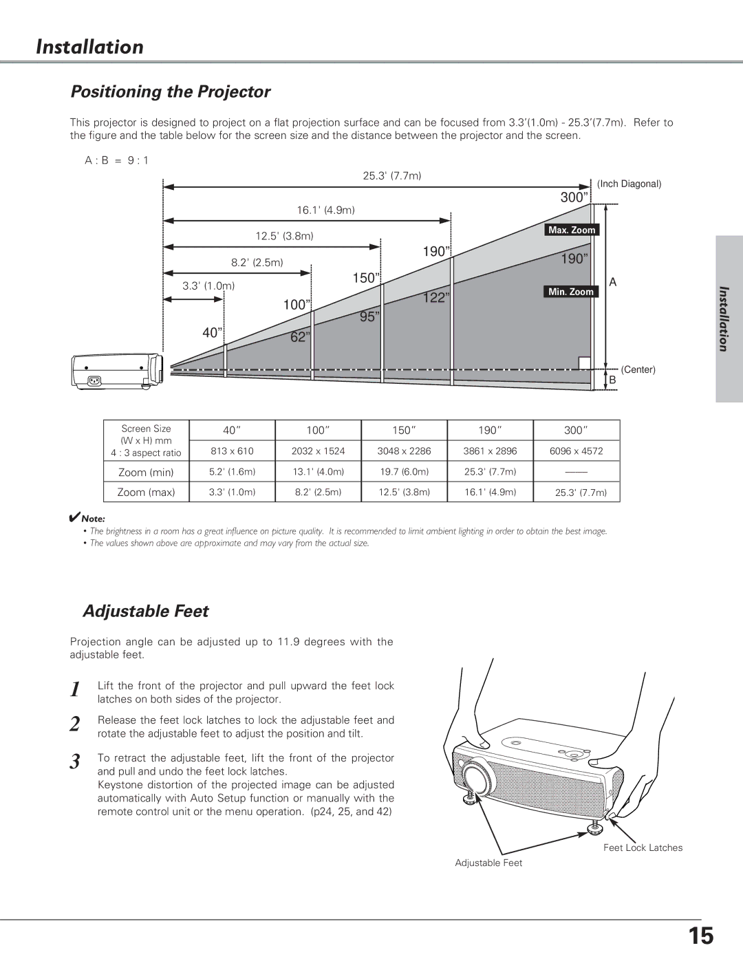 Canon LV-7225, LV-5220, LV-7220 owner manual Installation, Positioning the Projector, Adjustable Feet 