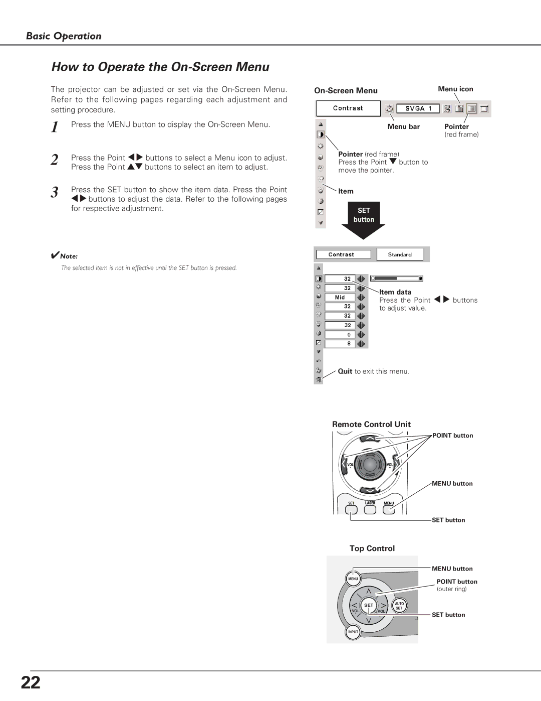 Canon LV-5220, LV-7225, LV-7220 owner manual How to Operate the On-Screen Menu, Remote Control Unit, Top Control 