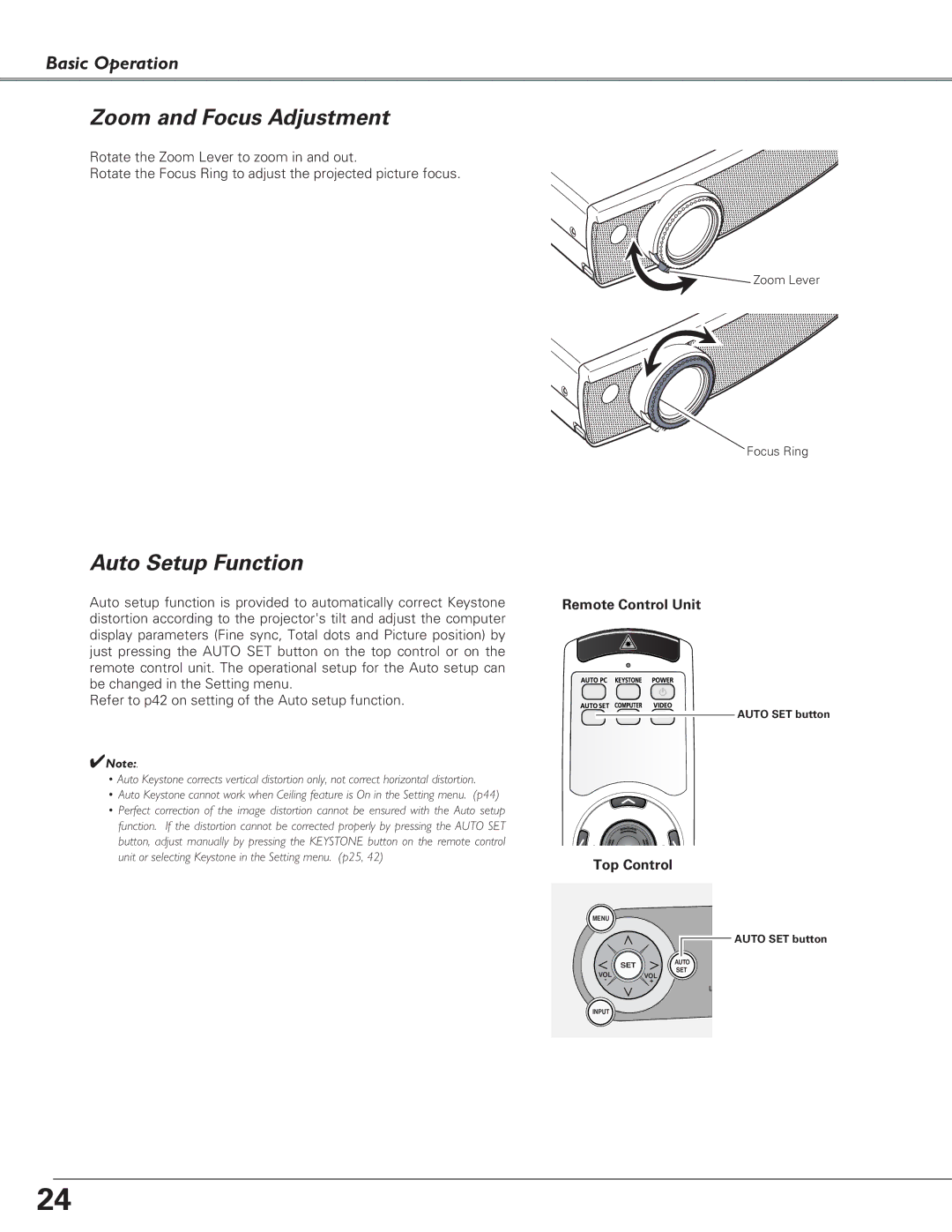 Canon LV-7225, LV-5220, LV-7220 owner manual Zoom and Focus Adjustment, Auto Setup Function 