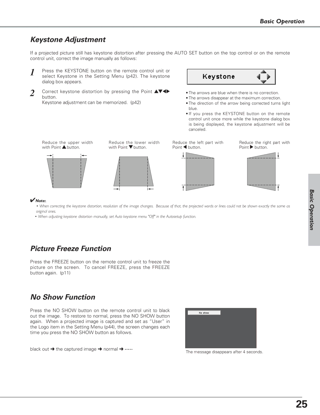 Canon LV-5220, LV-7225, LV-7220 owner manual Keystone Adjustment, Picture Freeze Function, No Show Function 