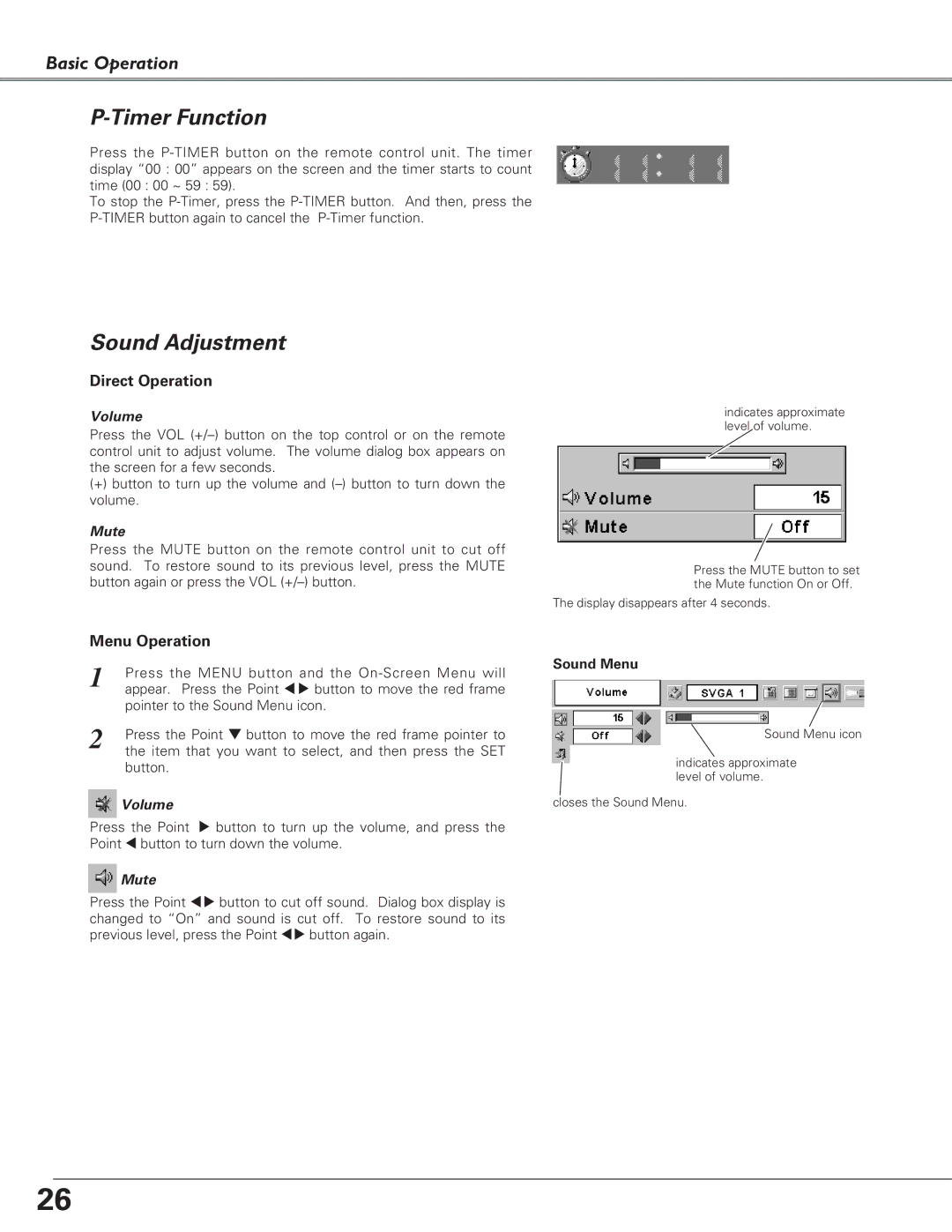 Canon LV-7220, LV-7225, LV-5220 owner manual Timer Function, Sound Adjustment, Volume, Mute, Sound Menu 