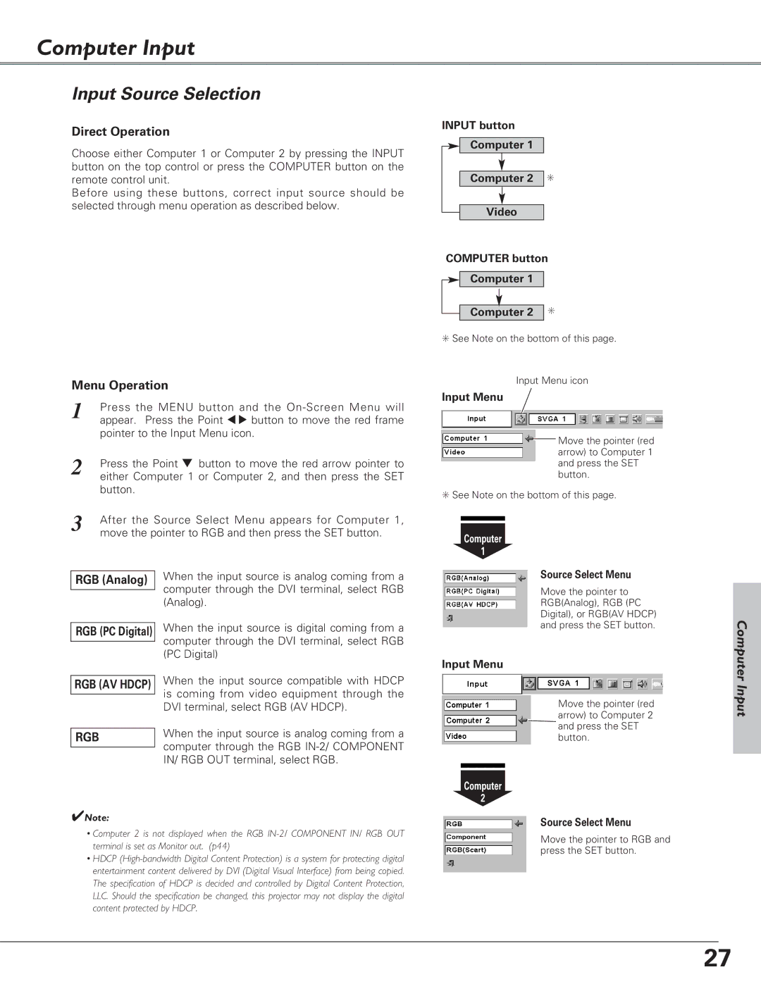 Canon LV-7225, LV-5220, LV-7220 owner manual Computer Input, Input Source Selection 