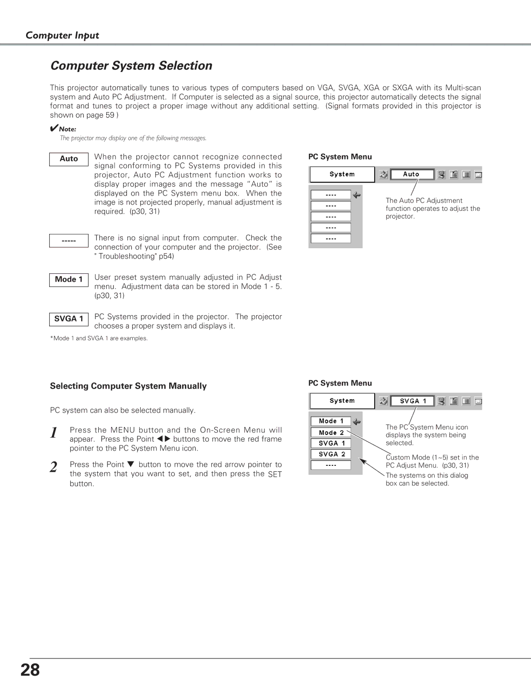 Canon LV-5220, LV-7225, LV-7220 owner manual Computer System Selection, Auto, Mode 