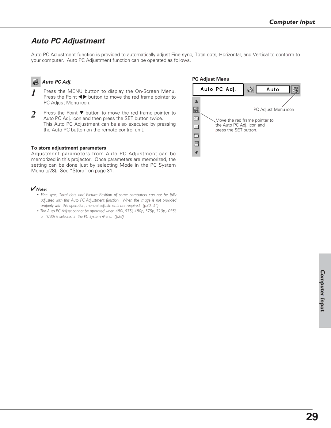 Canon LV-7220, LV-7225, LV-5220 owner manual Auto PC Adjustment, To store adjustment parameters, PC Adjust Menu 