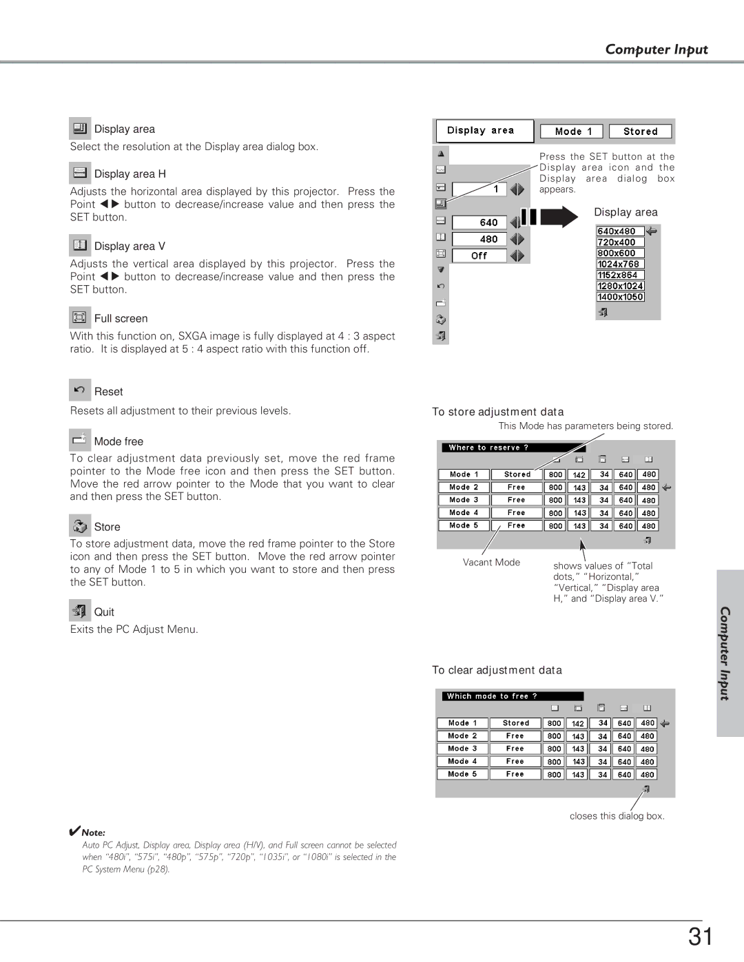 Canon LV-5220, LV-7225, LV-7220 owner manual Display area H, Full screen, Reset, Mode free, Store, Quit 