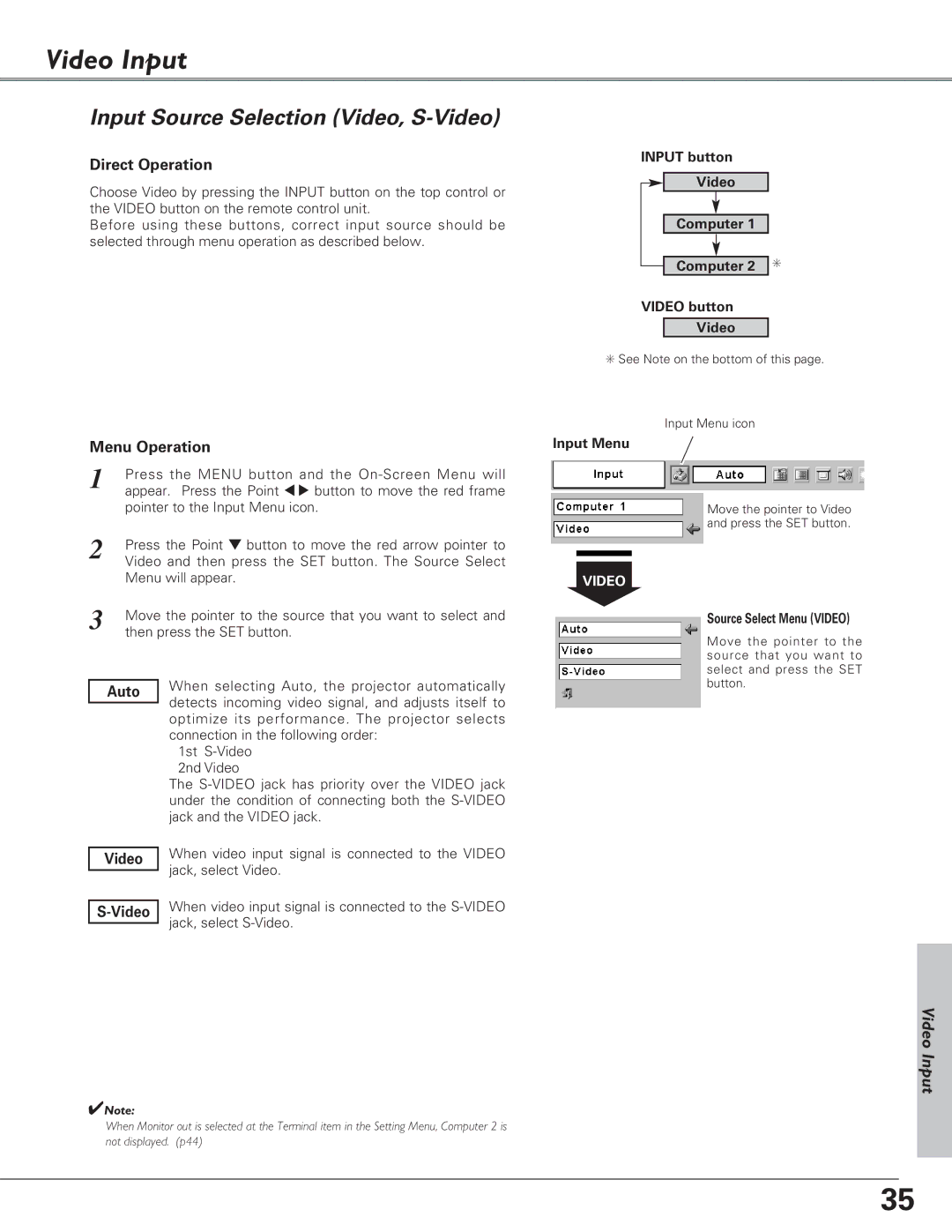 Canon LV-7220, LV-7225 Video Input, Input Source Selection Video, S-Video, Input button Video Computer Video button 