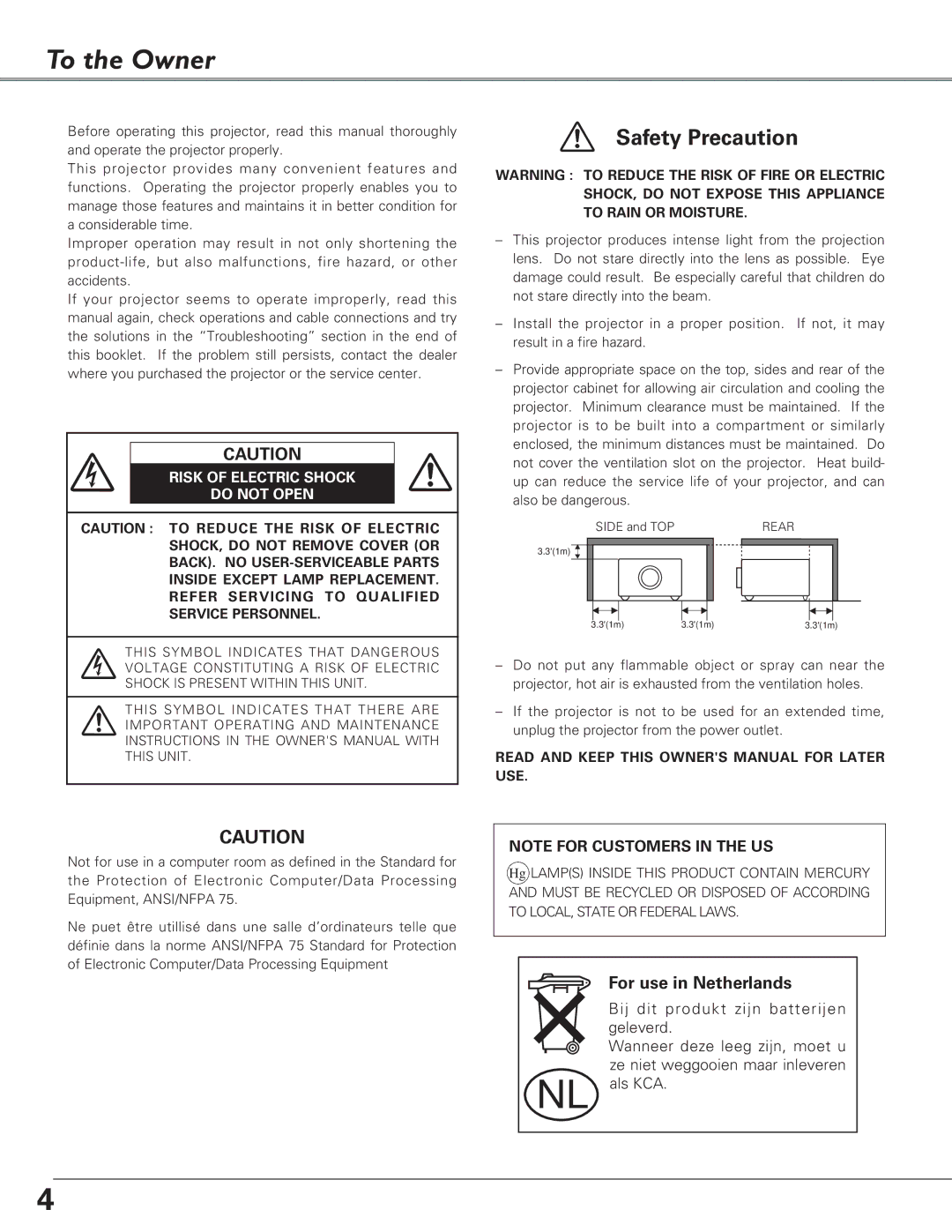 Canon LV-5220, LV-7225, LV-7220 owner manual To the Owner, Risk of Electric Shock Do not Open 