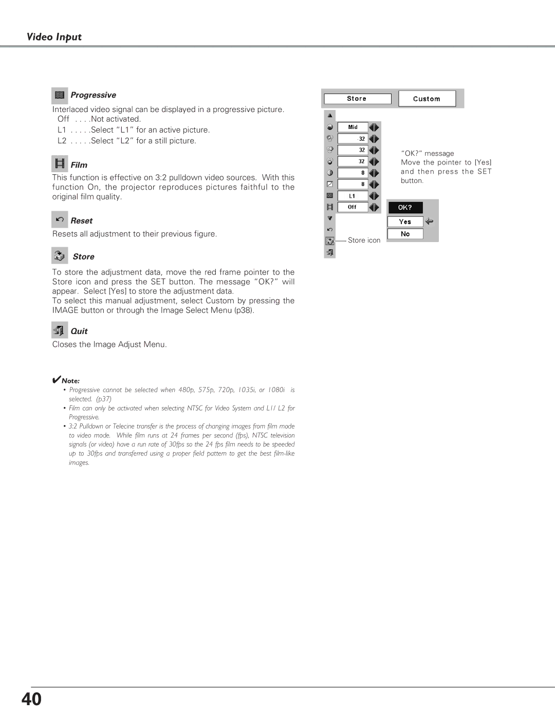 Canon LV-5220, LV-7225, LV-7220 owner manual Progressive, Film, Resets all adjustment to their previous figure 