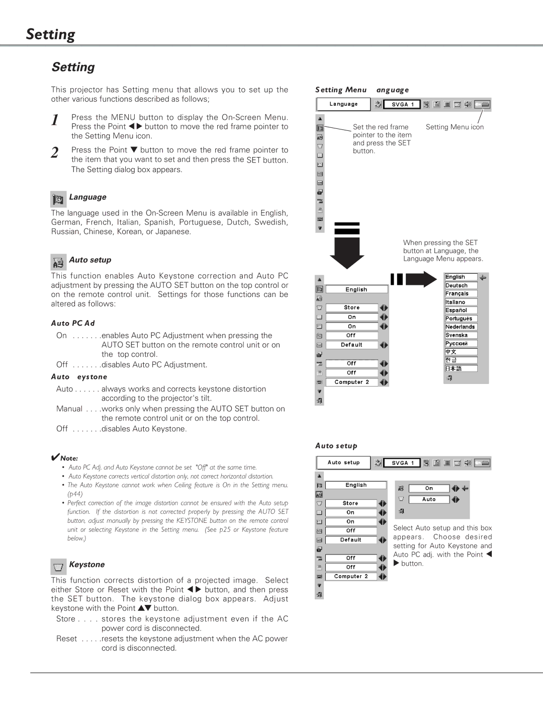 Canon LV-7225, LV-5220, LV-7220 owner manual Setting, Language, Auto setup, Keystone 