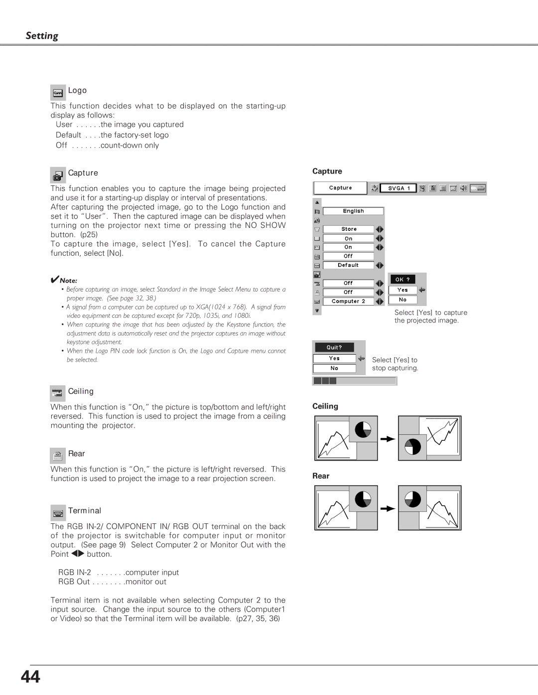 Canon LV-7220, LV-7225, LV-5220 owner manual Logo, Capture, Ceiling, Rear, Terminal 