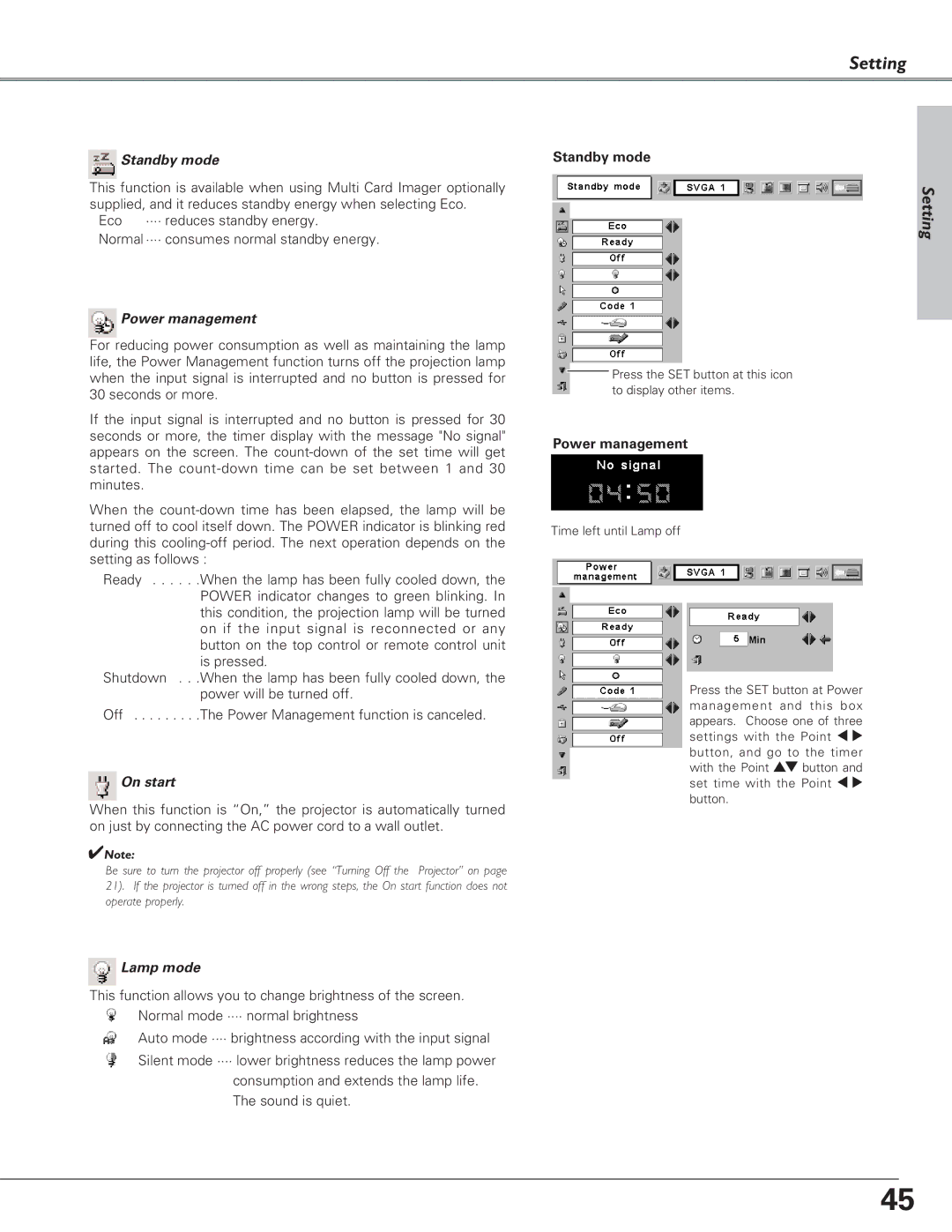 Canon LV-7225, LV-5220, LV-7220 owner manual Standby mode, Power management, On start, Lamp mode 