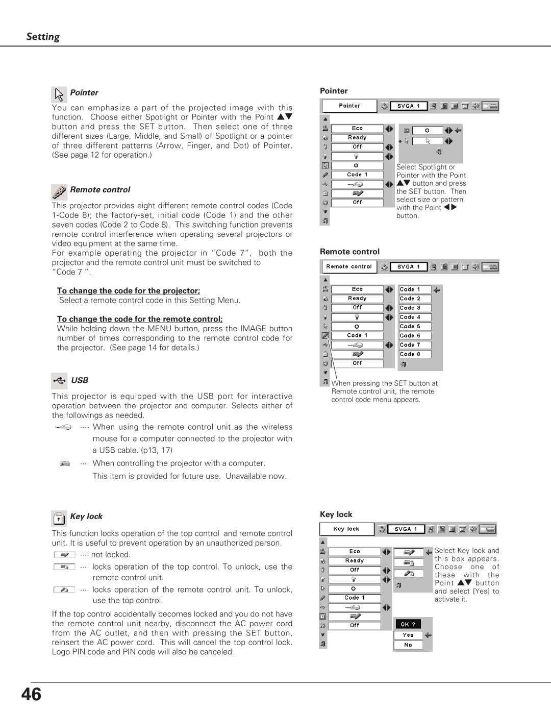 Canon LV-5220, LV-7225, LV-7220 owner manual Pointer, Remote control, Usb, Key lock 