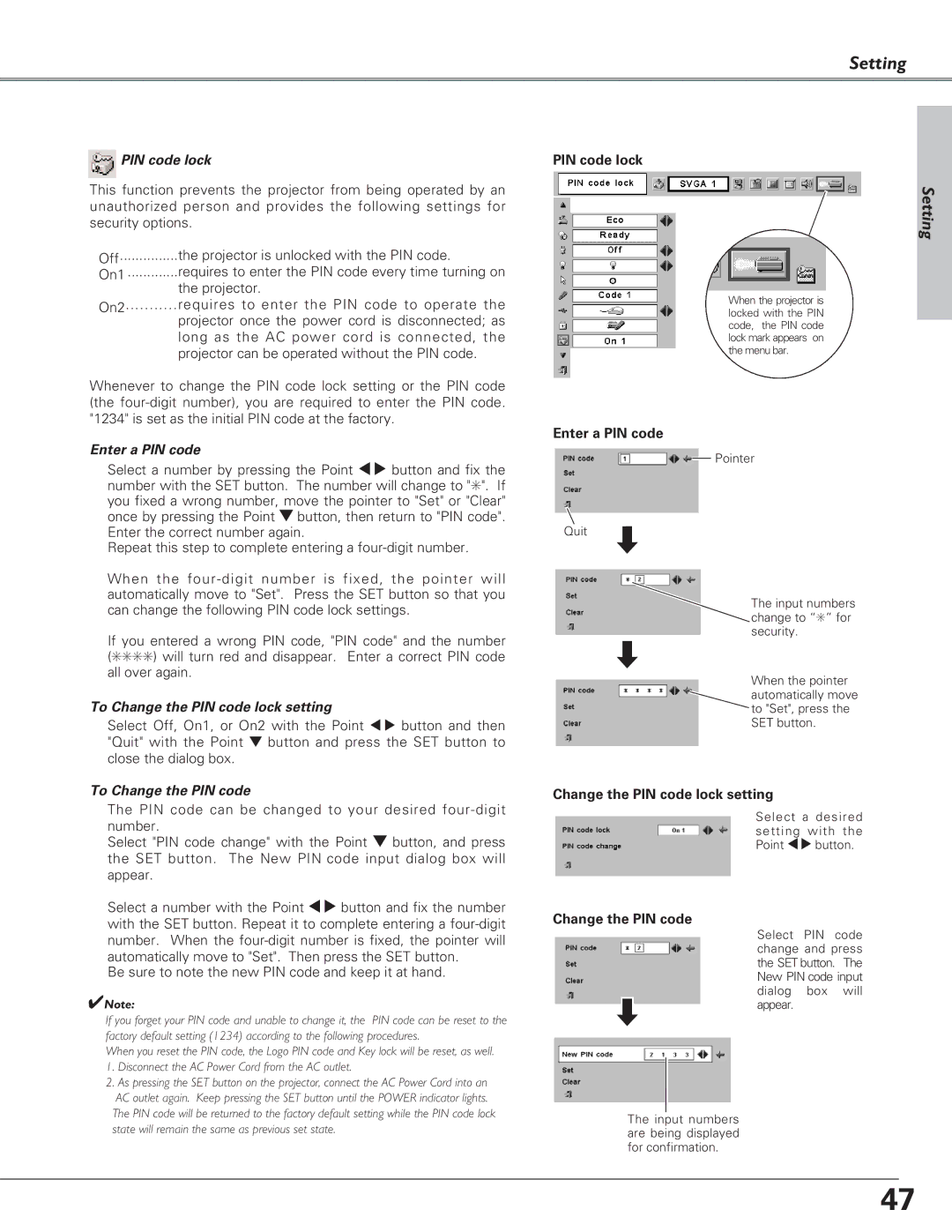 Canon LV-7220, LV-7225, LV-5220 owner manual To Change the PIN code lock setting 