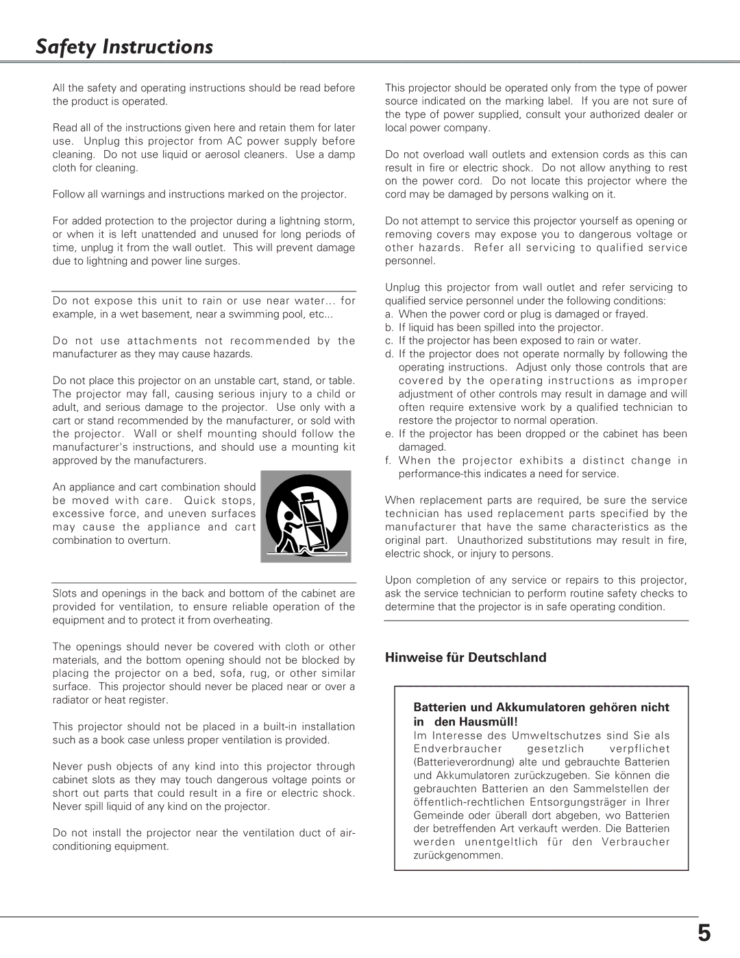 Canon LV-7220, LV-7225, LV-5220 owner manual Safety Instructions, Hinweise für Deutschland 