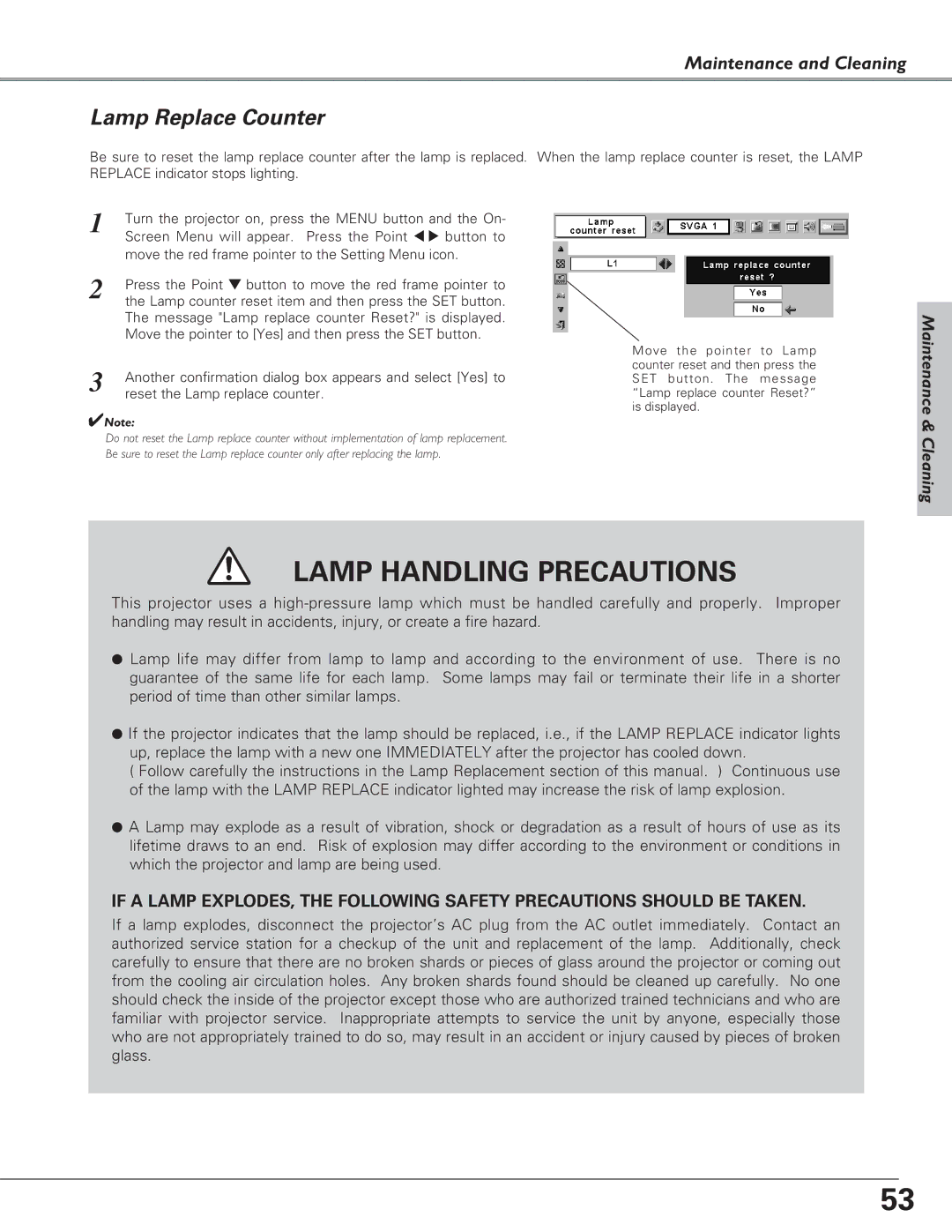 Canon LV-7220, LV-7225, LV-5220 owner manual Lamp Replace Counter, When the lamp replace counter is reset, the Lamp 