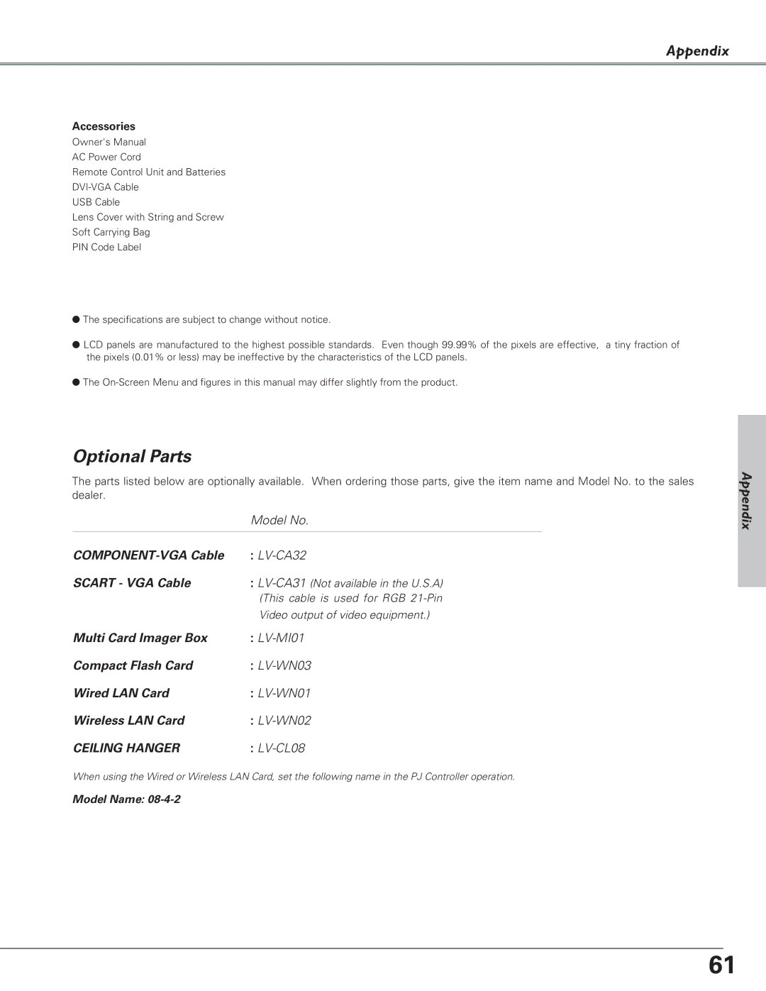 Canon LV-5220, LV-7225 Optional Parts, LV-CA31 Not available in the U.S.A, This cable is used for RGB 21-Pin, Model Name 