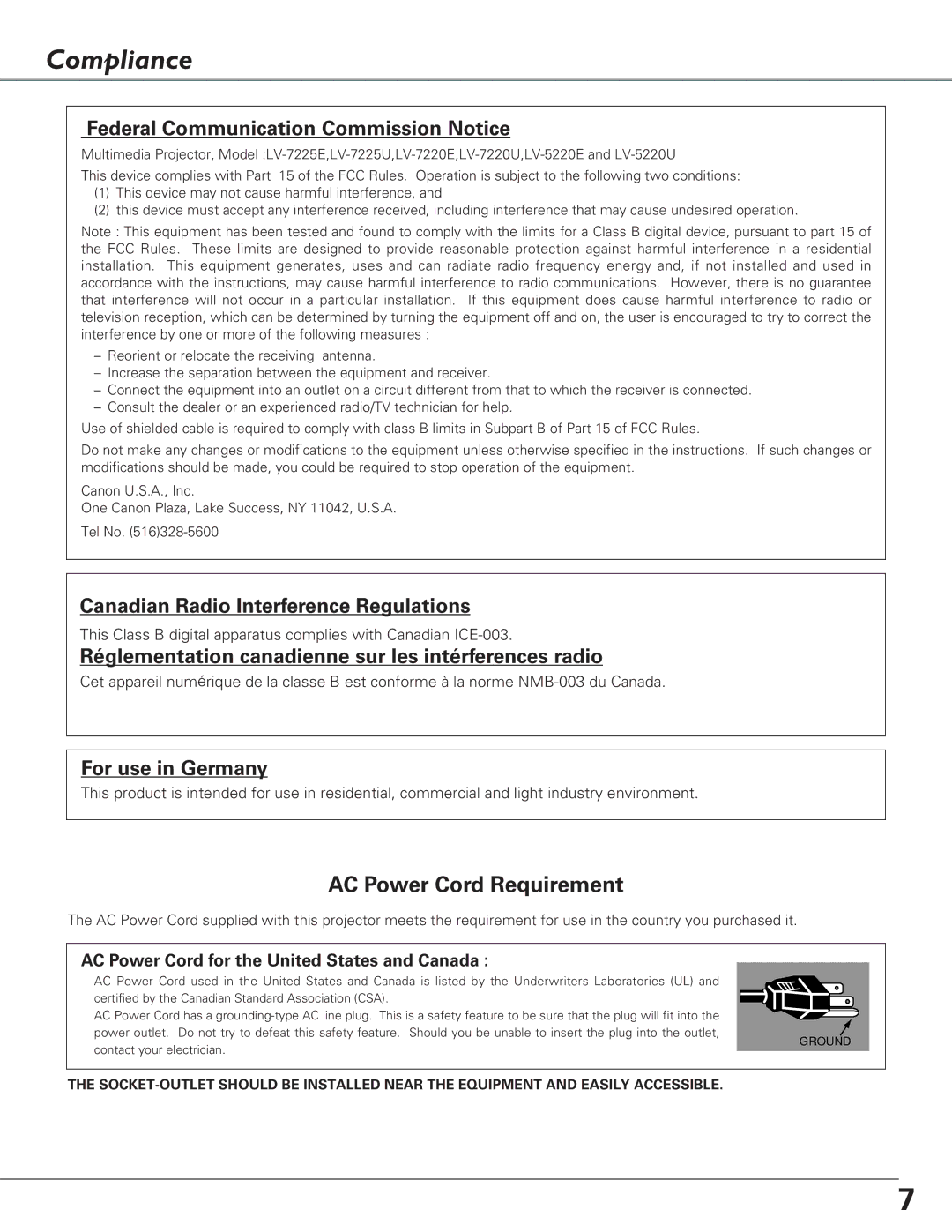 Canon LV-5220, LV-7225, LV-7220 owner manual Compliance, Federal Communication Commission Notice 